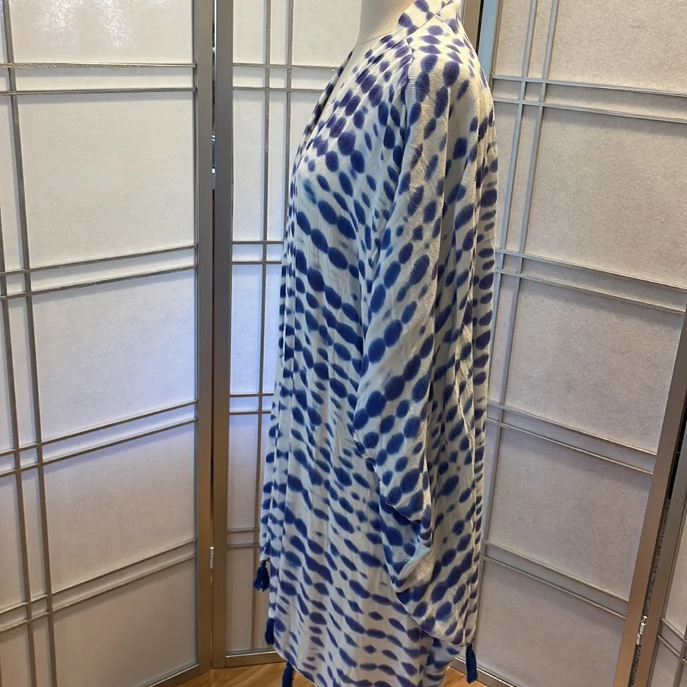 MUDPIE Swim Cover or Kimono Blue and White OS with tassels - Picture 4 of 5